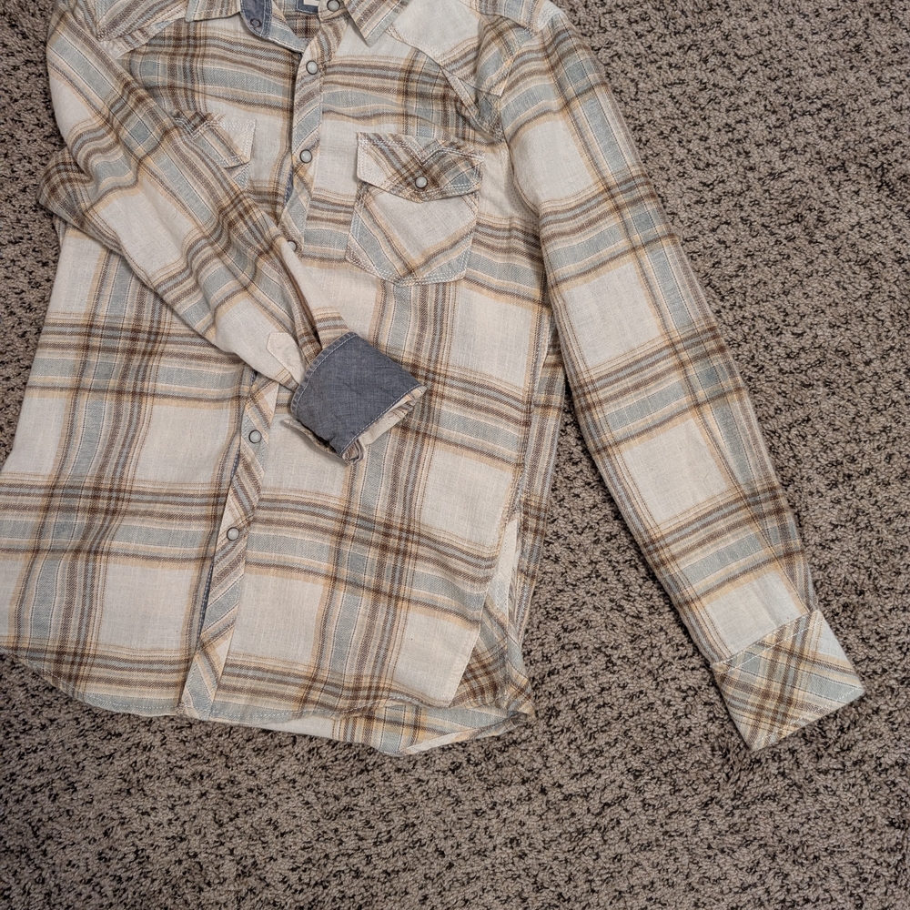 BKE Men's Plaid Shirt in Cream and Brown